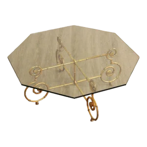 Hollywood Regency Faux Bamboo Gilt Metal Glass Top Coffee Table