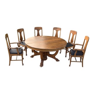 Late 19th Century Antique Oak Split Pedestal Table With 6 Chairs - Set of 7 For Sale