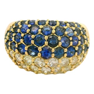Sapphire Diamond 18k Yellow Gold Pave Ring, Size 6.75 For Sale