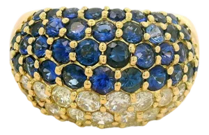 Sapphire Diamond 18k Yellow Gold Pave Ring, Size 6.75