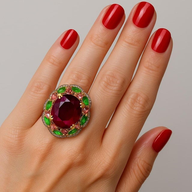 Bochic “Orient” Vintage Emerald, Ruby & Pink Tourmaline Ring Set 18 K Gold & Sil For Sale - Image 9 of 11