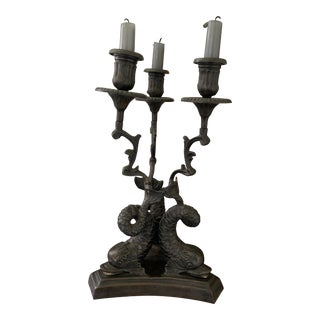 19th Century Empire Bronze 3 Dolphins Candelabra For Sale