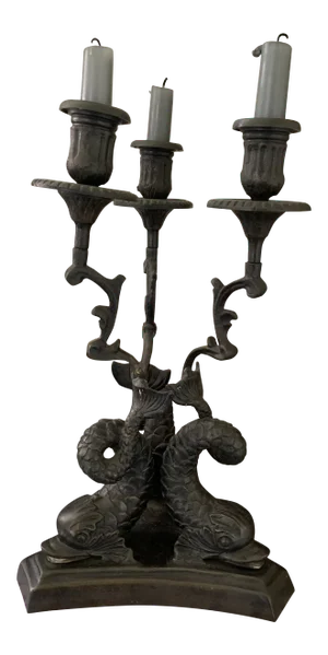 19th Century Empire Bronze 3 Dolphins Candelabra
