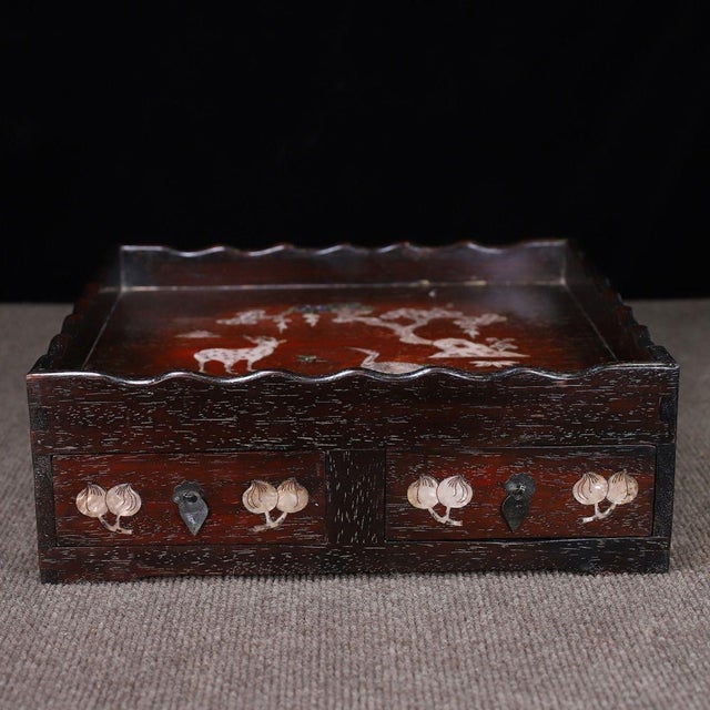 Chinese Vintage Rosewood Square Tray With Drawers & Mother-of-Pearl Deer & Crane Inlay For Sale - Image 3 of 10