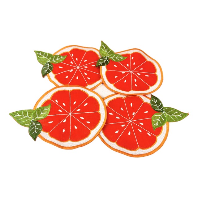 Orange Fruit Embroidered Linen Cocktail Napkins-Set of 4 For Sale