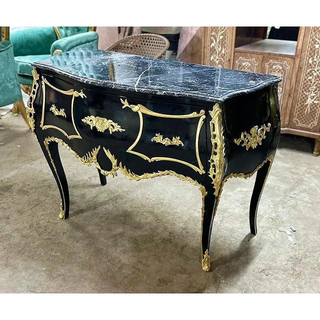 French Style Marble Topped Black Commode With Gold Details For Sale - Image 4 of 4