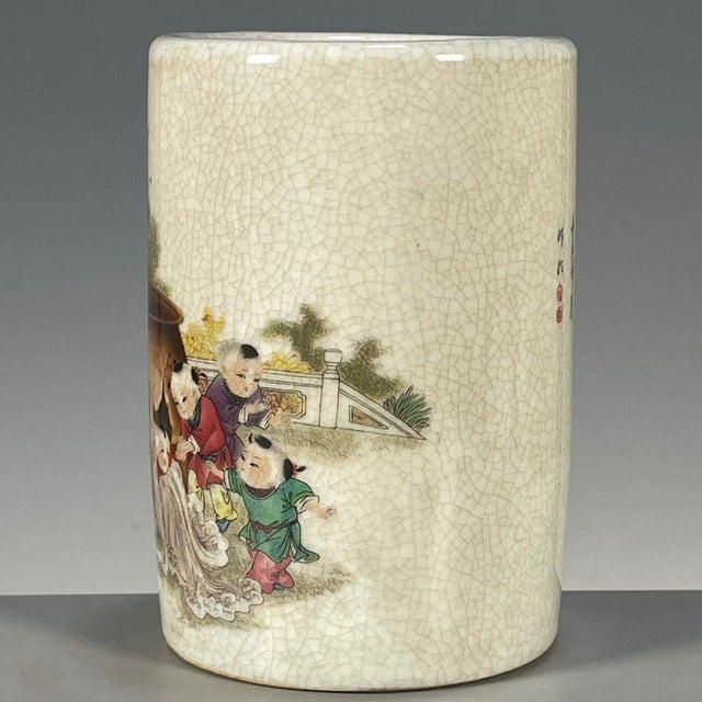 Chinese Famille Rose Crackle Glaze Porcelain Brush Pot With Figural Scene For Sale - Image 4 of 9