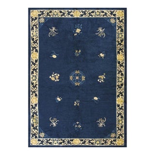 Antique Hand Knotted Pile Rectangle Wool Floral Medallion Deco 1930s Blue Rug For Sale