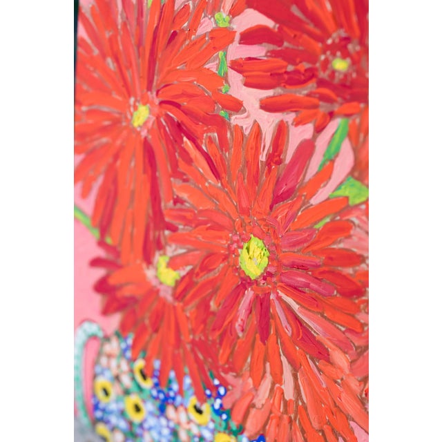 Shabby Chic Orange Daisy Bouquet in Country Floral Vase on Pink Maximalist Original Painting For Sale - Image 3 of 6