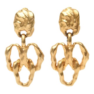 Gold Plated Hammered Sculptural Clip on Dangle Earrings Pair of 80's For Sale
