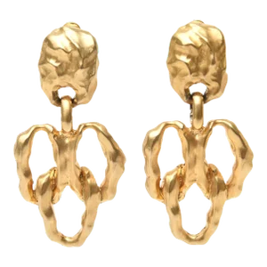 Gold Plated Hammered Sculptural Clip on Dangle Earrings Pair of 80's