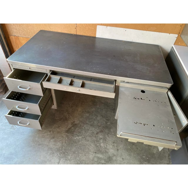 Mid-Century Modern 1960s Vintage Metal Tanker Desk With Typewriter Shelf For Sale - Image 3 of 11