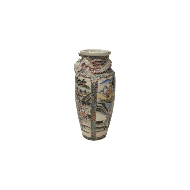 1970s Vintage Asian Satusma Ceramic Handpainted Samurai Relief Dragon Motif Vase For Sale - Image 5 of 18
