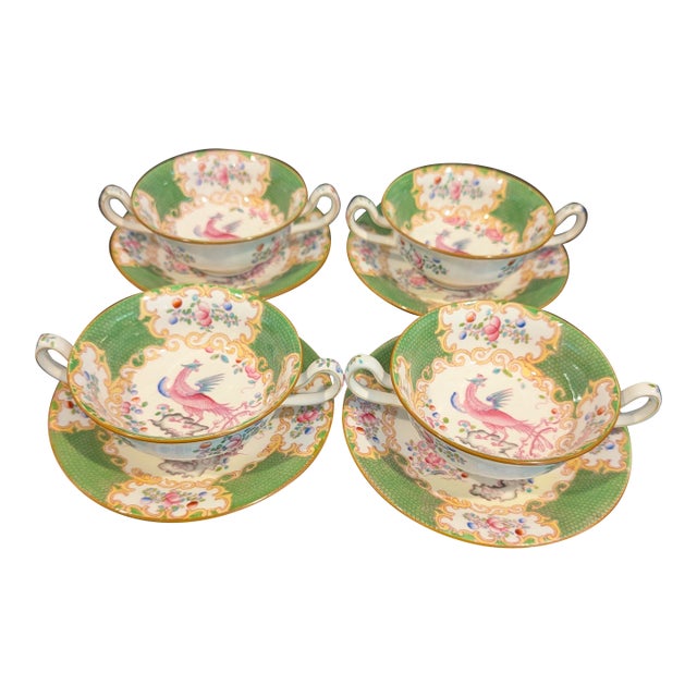 Early 20th Century Minton Cockatrice Green Cream Soup With Saucer" – Vintage Bone China - Set of 4 For Sale
