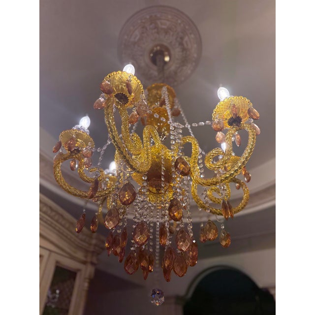 European Imprt Vintage Gilded Ombre Amber Ornate Glass Chandelier Lighting For Sale - Image 4 of 7