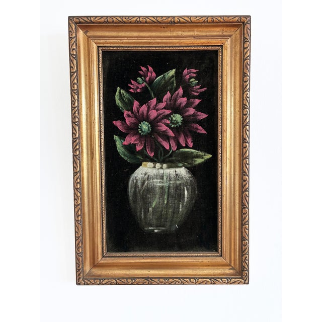 Boho Chic Vintage Original Velvet Flower Oil Painting, Pair of Flower Still Life Art - Set of 2 For Sale - Image 3 of 12