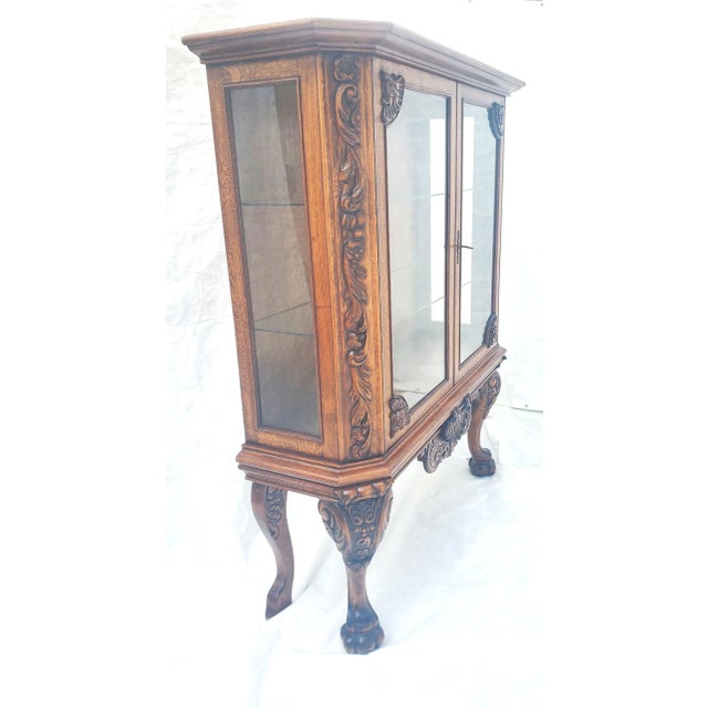 1920s Antique 1920s Oak Display China Cabinet Display Hutch With Claw Feet & Ornate Carving For Sale - Image 5 of 13