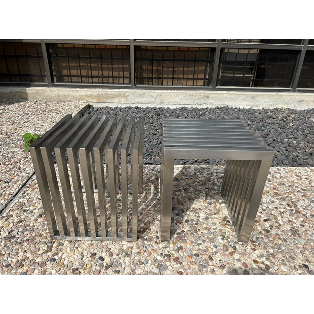 Metal Pair of 1970s Stainless Steel Benches or Tables For Sale - Image 7 of 12