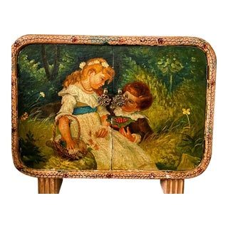 Vintage Handmade, Hand Painted Wooden Cabinet With a Painted Depiction of “Sweethearts.” For Sale