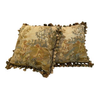 Vintage Dog Family Scene Tapestry Pillows - Pair For Sale