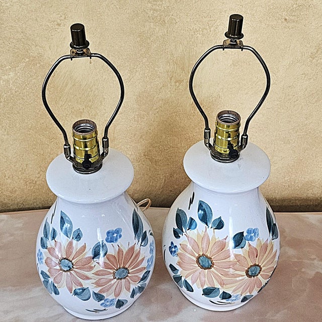 Beige Contemporary Hand‑Painted Floral Ceramic Lamps W/ Faux Leather Shades – Pair For Sale - Image 8 of 18