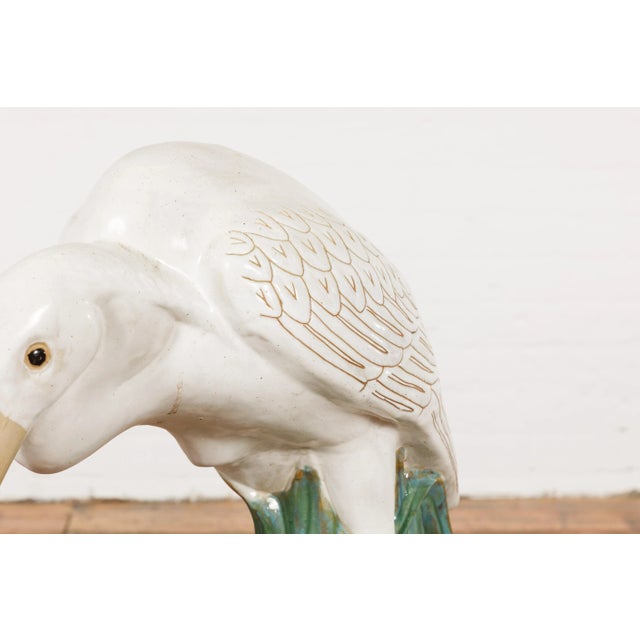 Vintage White and Cream Glazed Ceramic Heron Bird Sculpture For Sale - Image 12 of 13