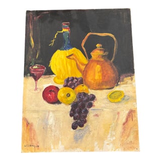 Vintage Still Life Oil Painting With Fruit, Wine Bottle & Copper Kettle, 14” × 18” For Sale