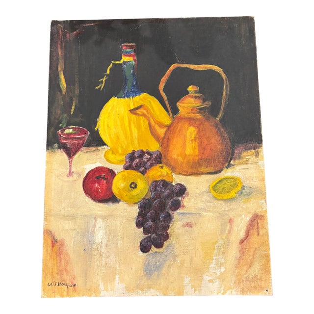 Vintage Still Life Oil Painting With Fruit, Wine Bottle & Copper Kettle, 14” × 18” For Sale