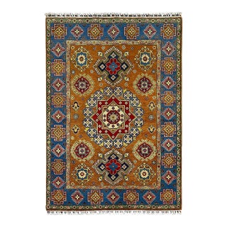 Rust and Blue Kazak Wool Rug With Center Medallion, 4'11" X 7'1" For Sale