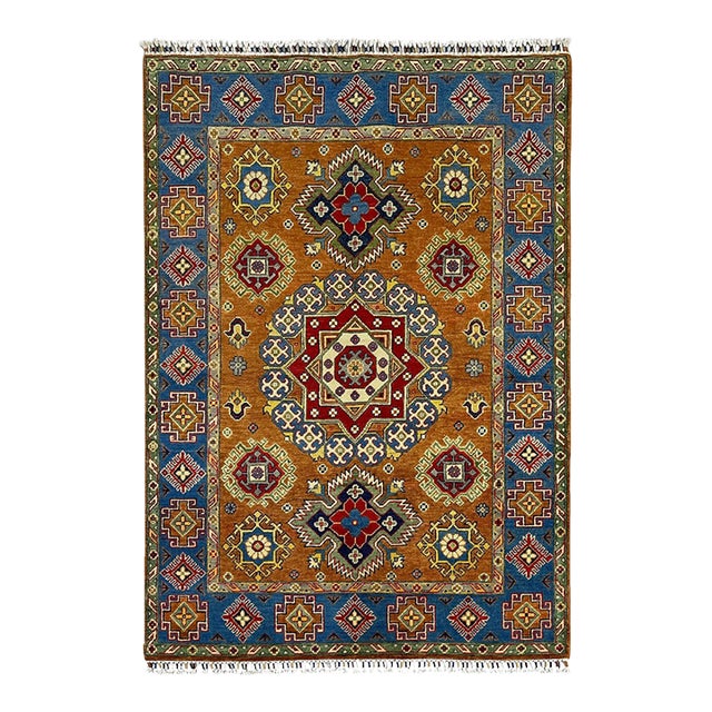 Rust and Blue Kazak Wool Rug With Center Medallion, 4'11" X 7'1" For Sale