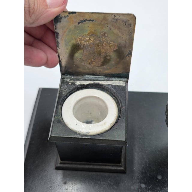 Metal 19th C Victorian Cast Iron Lion Double Inkwell Desk Set Antique Black Japanned. For Sale - Image 7 of 18