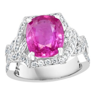 Gia 4.76 Ct Pink Cushion Sapphire & 1.2 Ct Diamond 18 Kt White Gold Ring, Estate For Sale