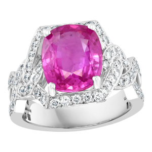 Gia 4.76 Ct Pink Cushion Sapphire & 1.2 Ct Diamond 18 Kt White Gold Ring, Estate