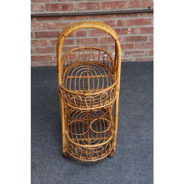 Mid-Century Modern Vintage Italian Oval Bar Cart / Trolley on Caster Wheels in Bamboo and Rattan For Sale - Image 3 of 18