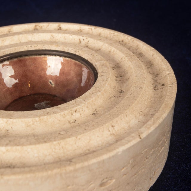 Italian Round Travertine and Copper-Toned Metal Ashtray, 1970 For Sale - Image 10 of 18