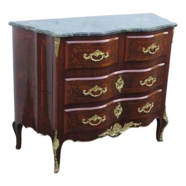 Late 20th Century French Marble Top Bombay Serpentine Inlay Commode Dresser Bathroom Vanity 6210 For Sale