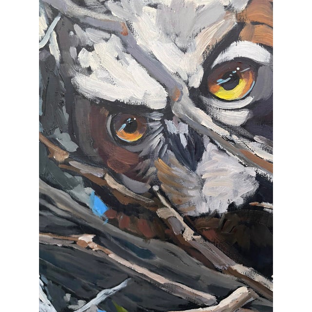 The Disciples by Deb Komitor | Oil on cradleboard Three owls perched on a tree branch. For Sale - Image 4 of 5