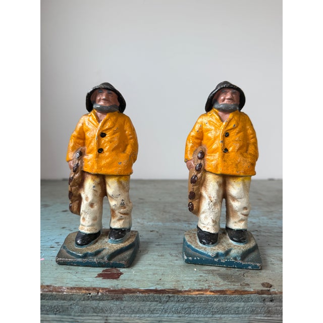 Figurative Pair of Vintage Cast Iron Bookend Fishermen Yellow Slickers - Or Doorstops For Sale - Image 3 of 8