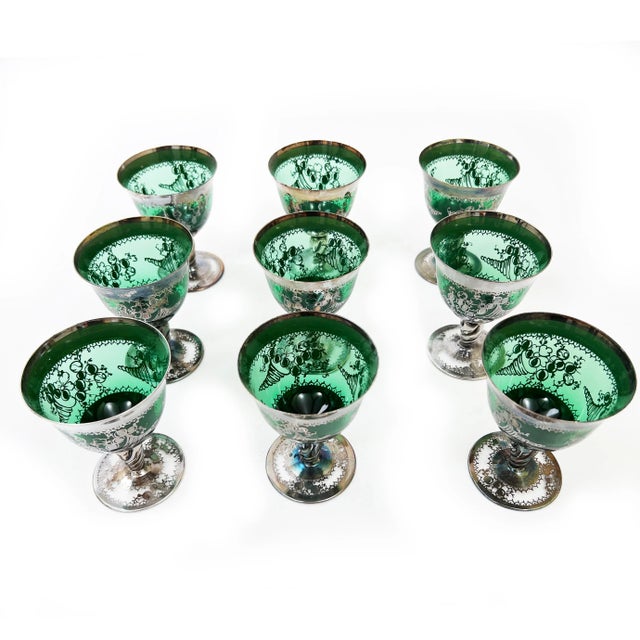 Mid-Century Modern Vintage Venetian Hand Blown Emerald Glass Stemware Set With Sterling Overlay - 10 Pieces For Sale - Image 3 of 3