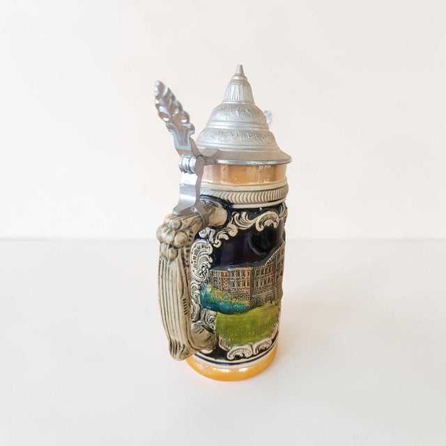 Vintage German Lidded Beer Stein Mug with Relief Town Views in Glazed Stoneware, 1950s For Sale - Image 9 of 15