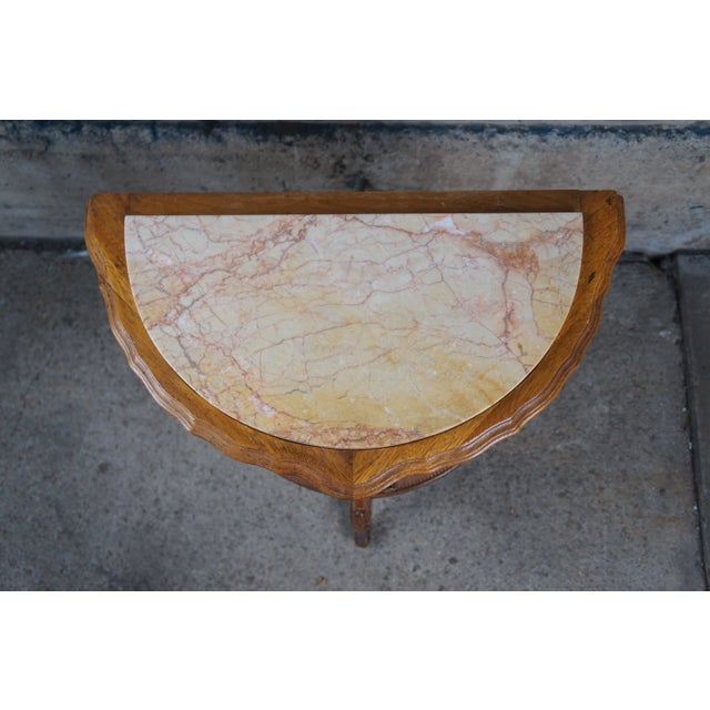 Late 19th Century Antique French Neoclassical Demilune Satinwood Marble Cabinet Side Tables - Set of 2 For Sale - Image 4 of 13