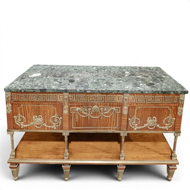 (1) Antique French Louis XVI style satinwood and ormolu-mounted Server (or buffet à deux corps base) with a green marble...