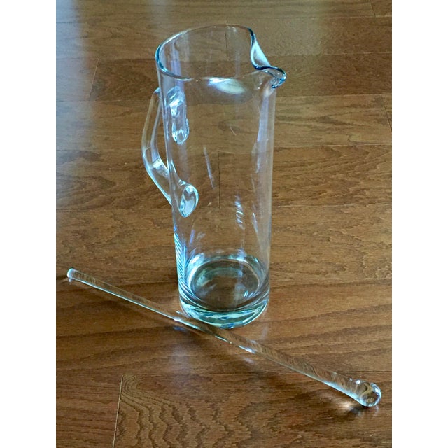 Clear Glass Hand Blown Tall Martini Pitcher & 14" Glass Rod Stirrer Vtg