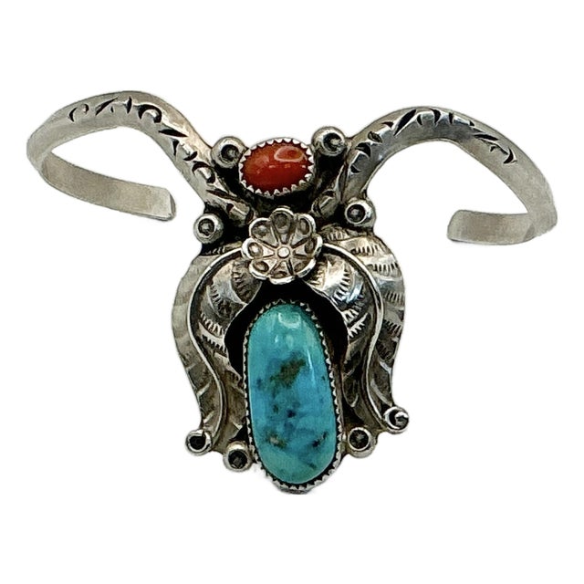 1950s Vintage Southwestern Navajo Turquoise, Coral & Sterling Cuff Bracelet For Sale