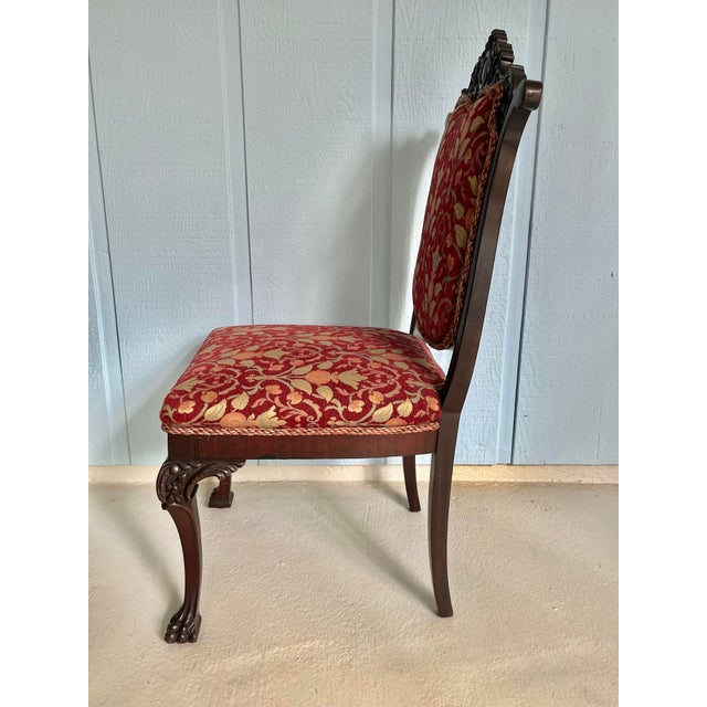 Red C. 1870 Antique American Victorian Rococo Revival Mahogany Parlor Chair With Carved Crest, Ball-and-Claw Feet, Tapestry Upholstery For Sale - Image 8 of 13