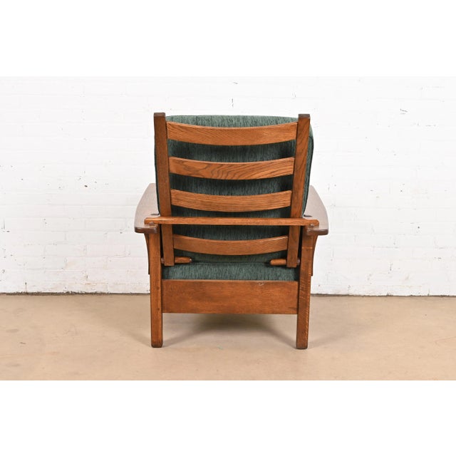 L. & J. G. Stickley Antique Mission Oak Arts & Crafts Reclining Morris Lounge Chair, Newly Refinished For Sale - Image 9 of 11