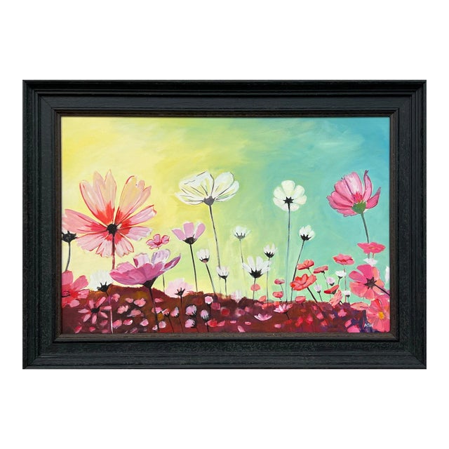 Colourful Design Study of Wild Pink & White Flowers on a Yellow & Turquoise Background, 2023 For Sale