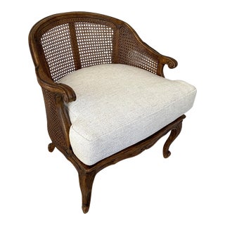 Mid-Century Cane and Walnut Barrel Chair For Sale