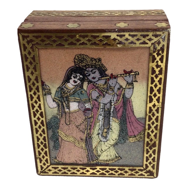 Vintage Inlaid Brass Over Wood Trinket Box Glass Painted Hinged Lid For Sale