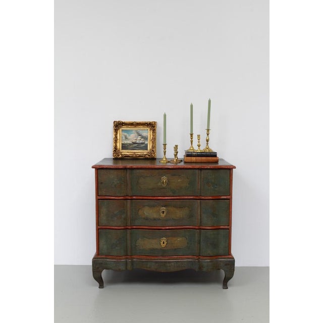 Antique Danish Baroque Green Chest of Drawers, circa 1730. Antique Scandinavian painted pine commode. Danish barque of the...